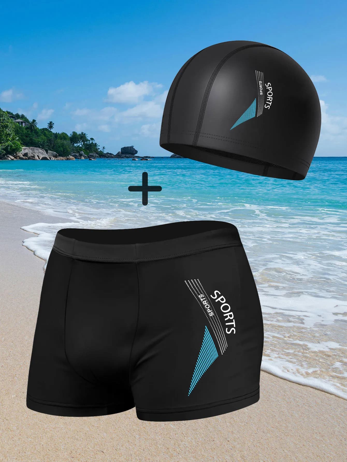 Slim fit men's bathroom shorts with fashionable prints Quick drying swimwear, printed sports swimwear with letters + free bath cap