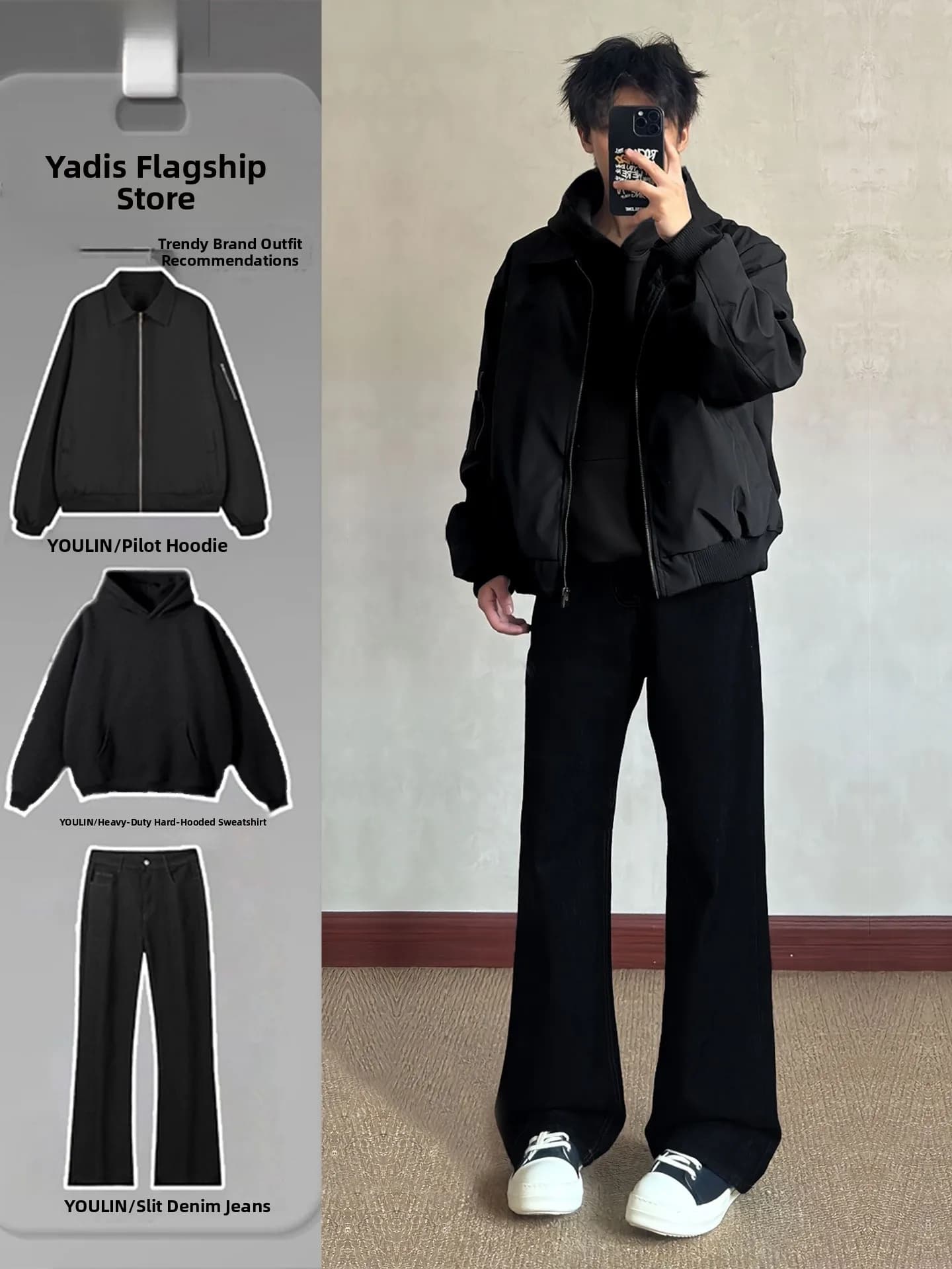 Set Giacca e Jeans da Pilota Americano da Uomo, Completo Casual Sportivo in Denim Nero a Maniche Lunghe, Ideale per Autunno Inverno
