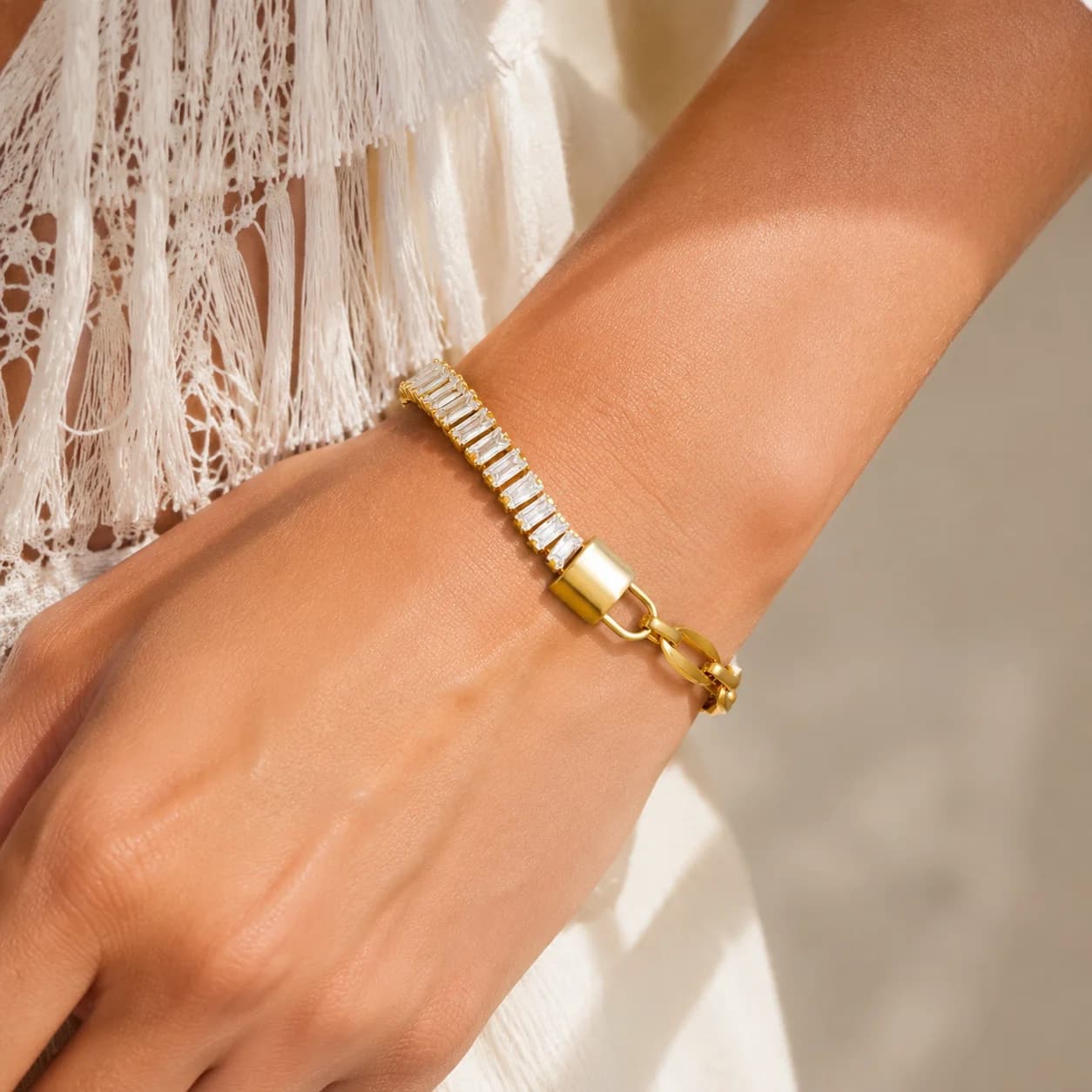LUXUKISSKIDS Shiny Cubic Zirconia Bracelet Bangle Steel Delicate Lock Pendant Square Tennis Chain Jewelry Chic Wrist Accessories