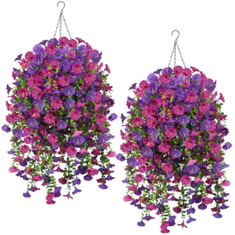 12 Pezzi Piante Artificiali Pendenti da Esterno, 2 Confezioni di Cesti Finti con Petunie Artificiali, Fiori Artificiali da Esterno per Portico B