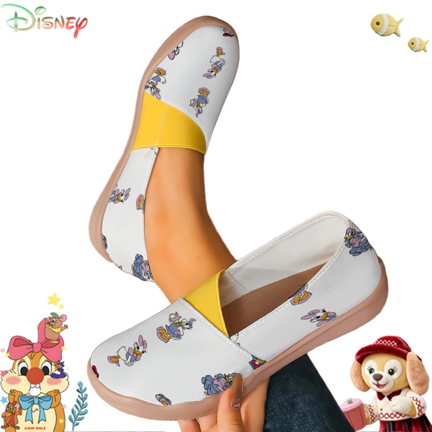 Scarpe slip-on in tela con stampa cartoon di Paperina bianca da donna, mocassini casual leggeri e antiscivolo