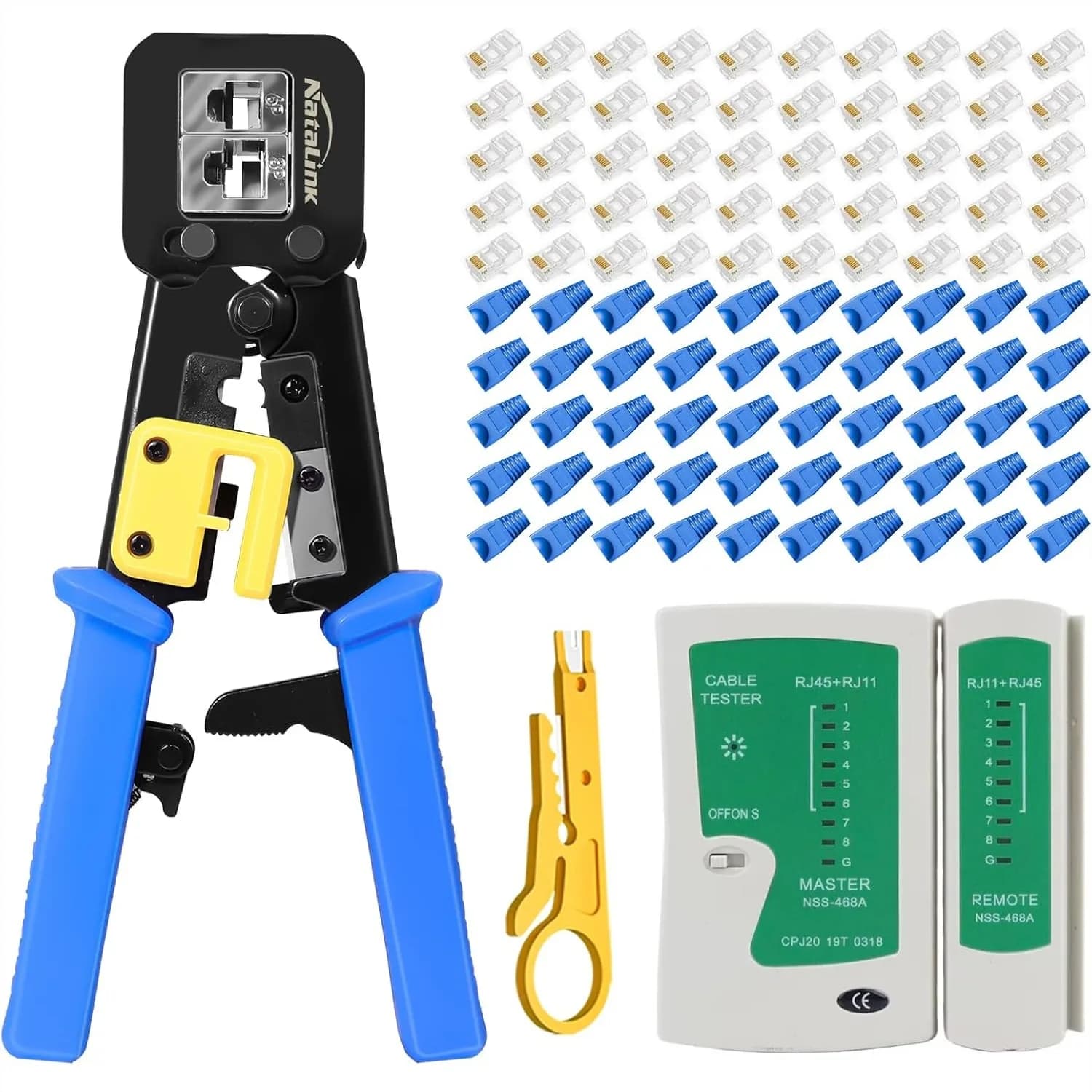 Kit di Crimpatura RJ45 Pass-Through per Cavi Ethernet Cat6, Cat5e, Cat5 con Tester per Cavi di Rete, 50 Connettori e Guaine Protettive