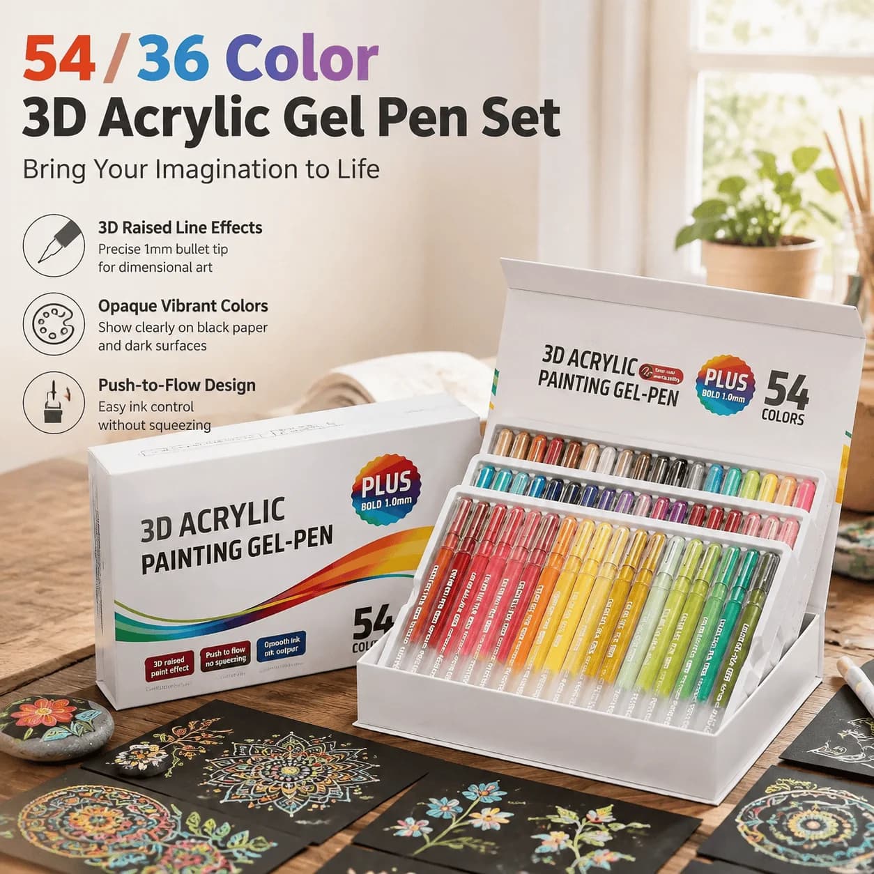 3D Acrylic Gel Pens Paint Pens Rock Multi-Surface Markers Opaque On Black Paper DIY Art Supplies Vibrant Craft Pens 36 Colors