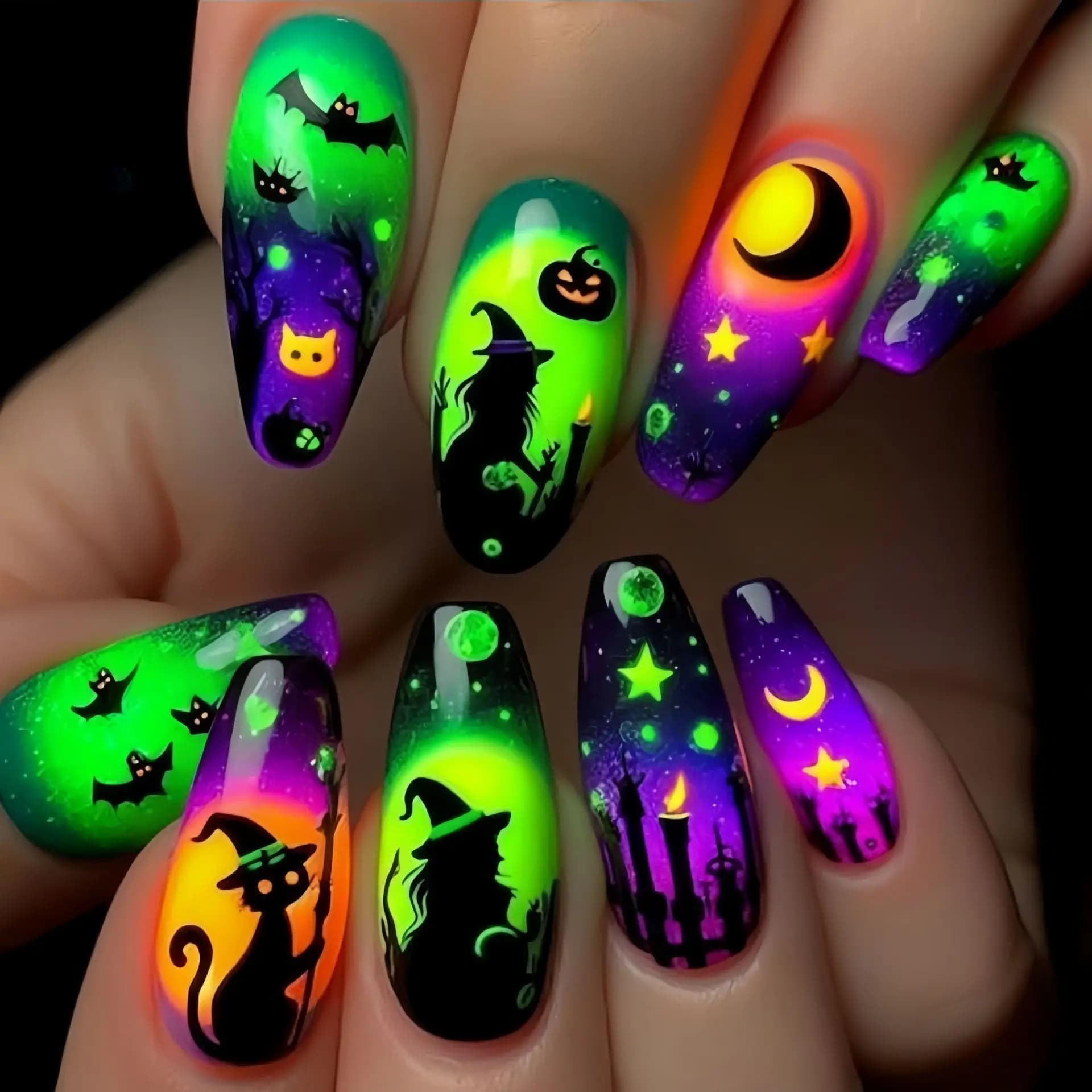Nuovo Set di Unghie Lunghe a Ballerina Minimalista Europeo e Americano 2026 a Tema Halloween: Strega Sognante, Gatto Nero, Pipistrello e Zucca