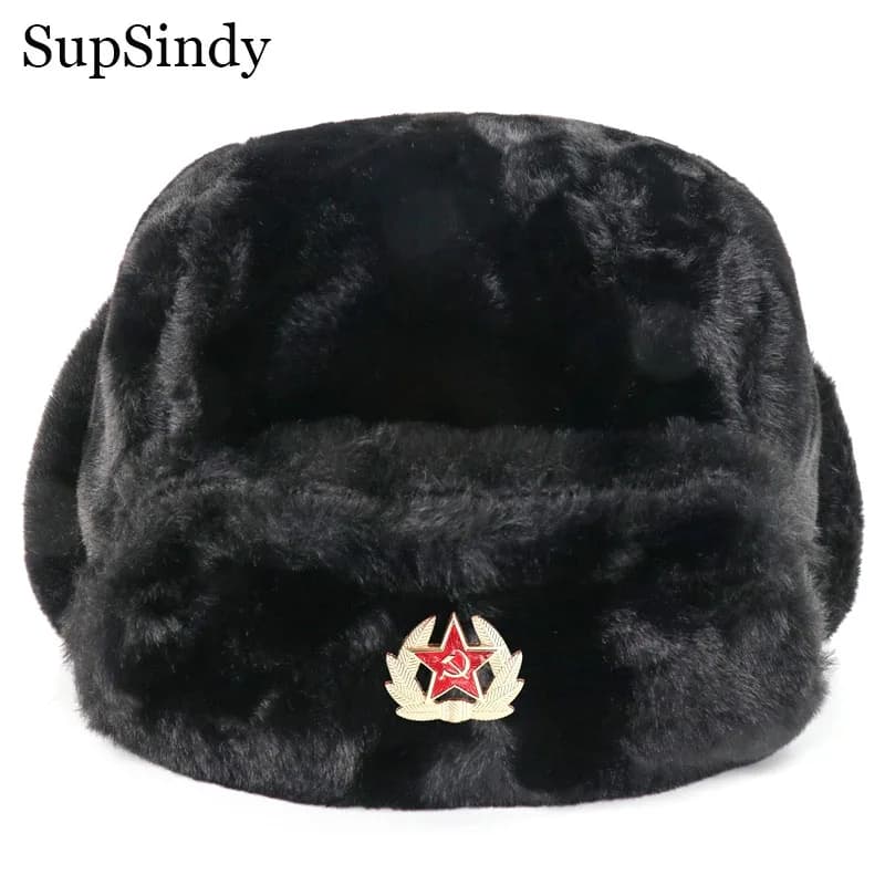 SupSindy Distintivo sovietico Ushanka Uomini e Donne Bomber Cappelli CCCP Esercito Pilota Trapper Trooper Cappello Inverno Faux Della Pelliccia Del Coniglio Paraorecchie Neve Caps