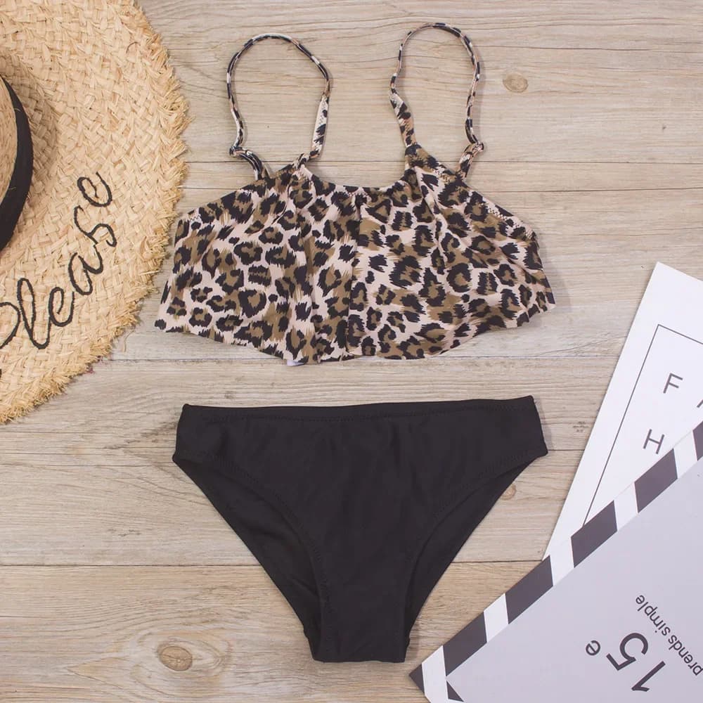 2025 Summer Leopard Print Girls Tankini Bikini Set Kids Swimsuit Bathing Suit Beach Swimming Wear