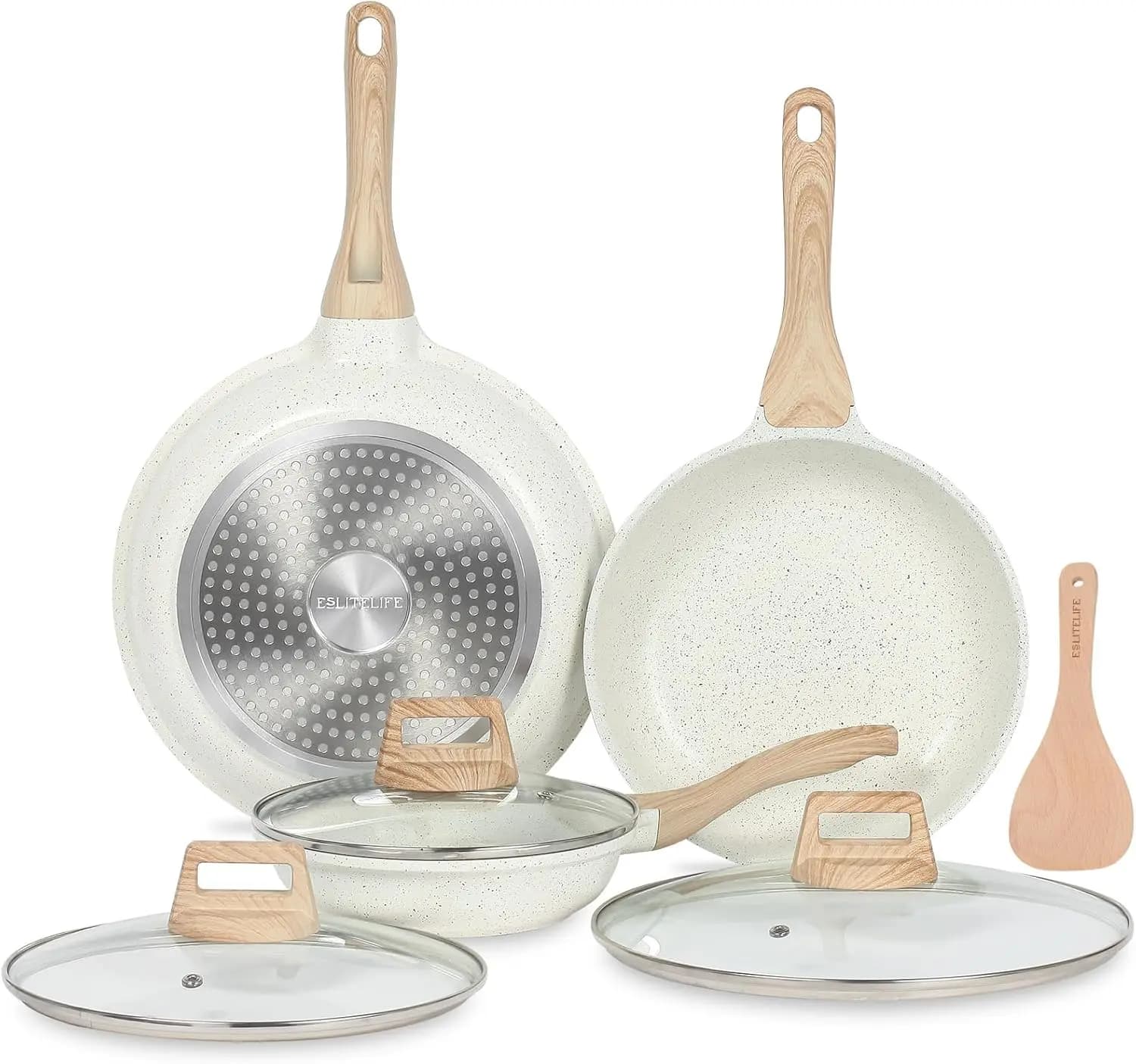 Set of LIFE ceramic non-stick pans with covers, non-toxic kitchen pans for eggs and omelets, compatible with all stoves