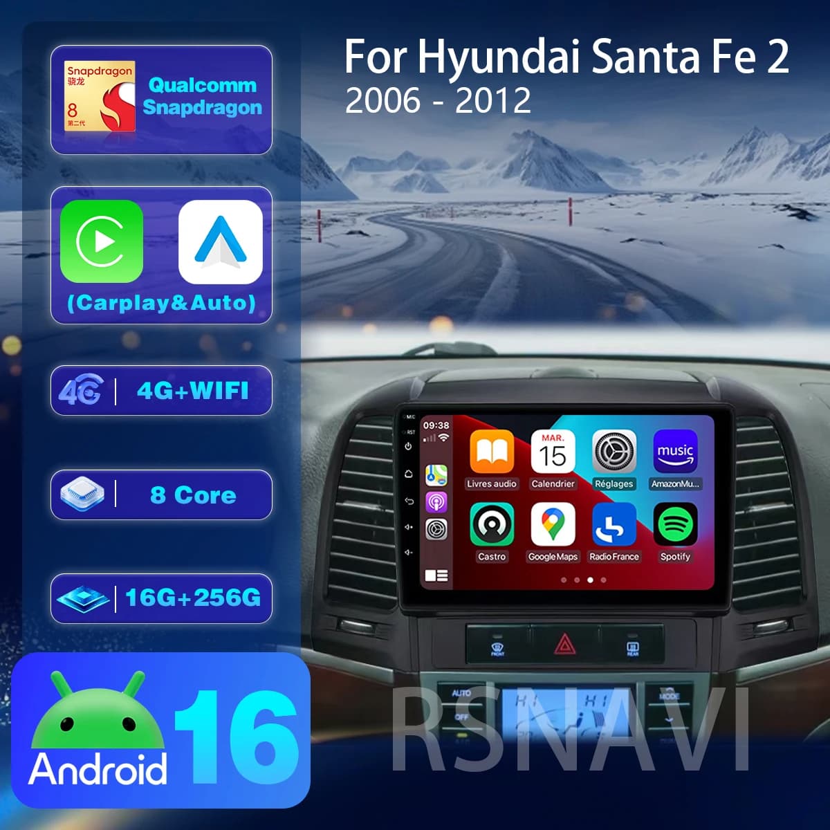 RSNAVI Android 16 Carplay Auto Multimedia Player For Hyundai Santa Fe 2 2006-2012 Autoradio Stereo BT video Car radio DVD GPS