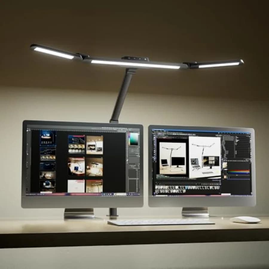 Lampada da Scrivania Larga con Morsetto per Doppi Monitor, 22W LED a Spettro Completo per la Cura degli Occhi, per Casa e Ufficio, Arco Regolabile a 3 Sezioni