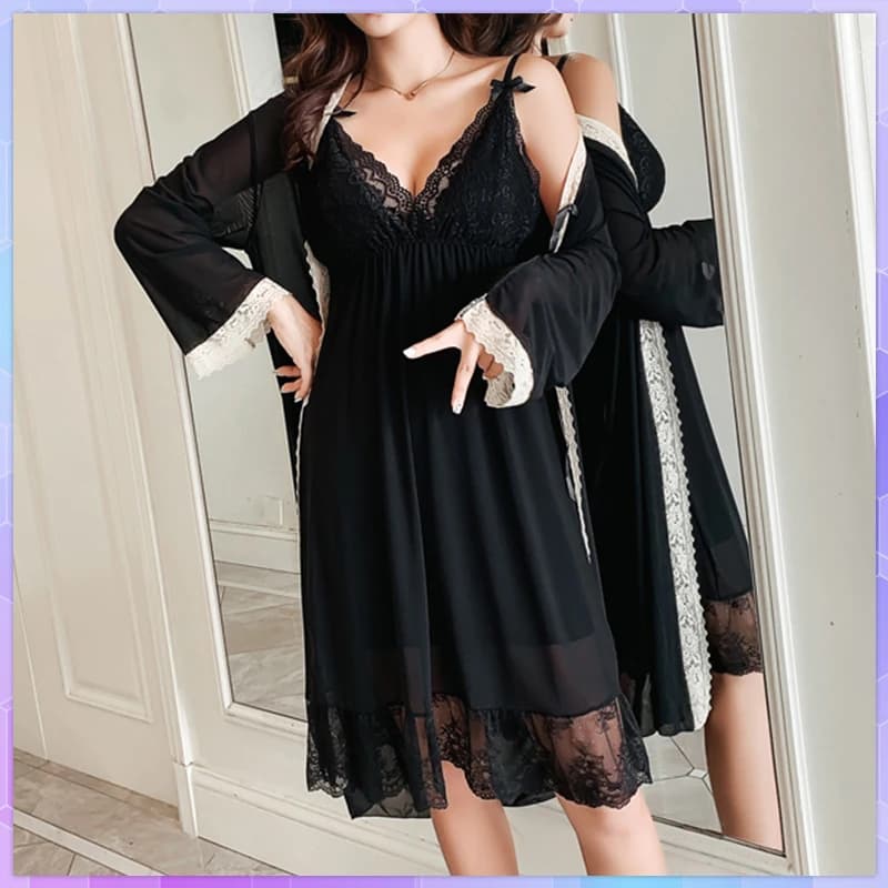 Sexy Chemise Lace Shirt Dress Women's Night Shirt Twinset Rayon House Dress silky Clothes Summer Dress Women's Kimono Bathrobe
