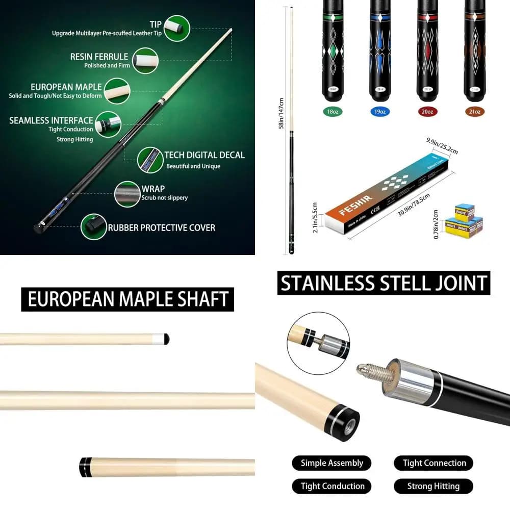 Set da 4 Pezzi per Biliardo con Legno d'Acero Premium, 4 Gessetti Extra, 58 Stecche per Giocatori Professionisti