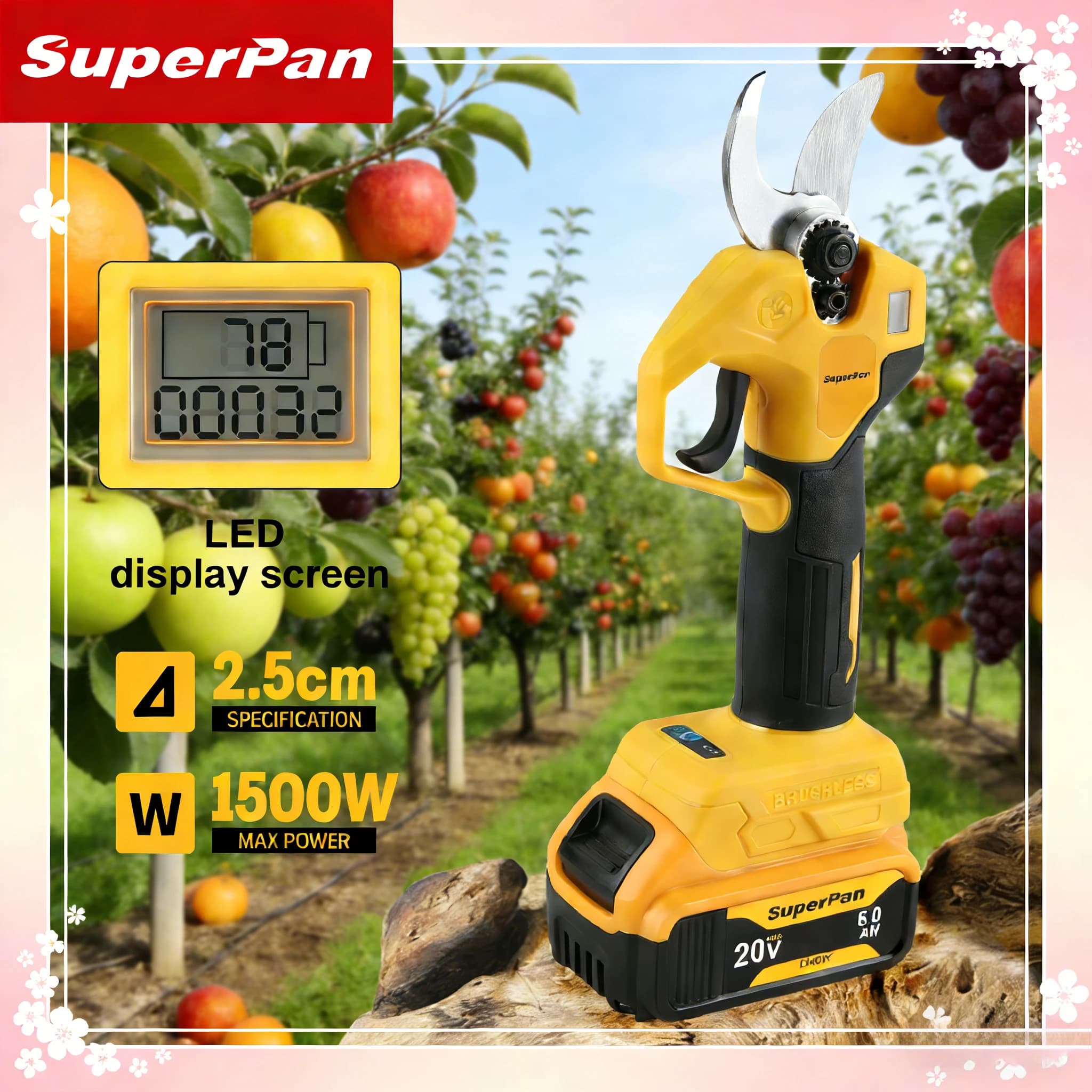SuperPan electric pruning scissors with battery, SK5 carbon steel, 20V for shaft pruning, compatible with Dewalt 20V battery.
