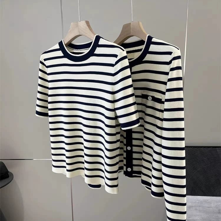 Cardigan in Maglia a Righe per Donna Primavera 2025, in Puro Filato, Casual, Comodo, Morbido al Tatto, Alla Moda e Trendy