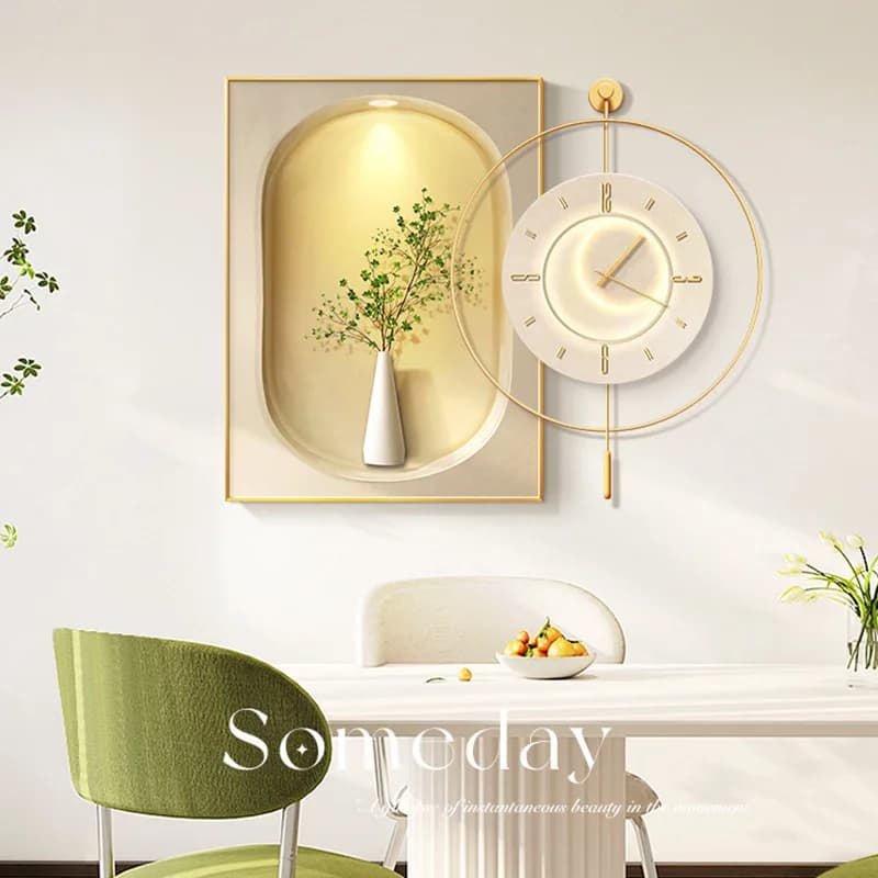 Green plant cream style dining room living room clock high-end light luxury creative clock hanging wall simple modern