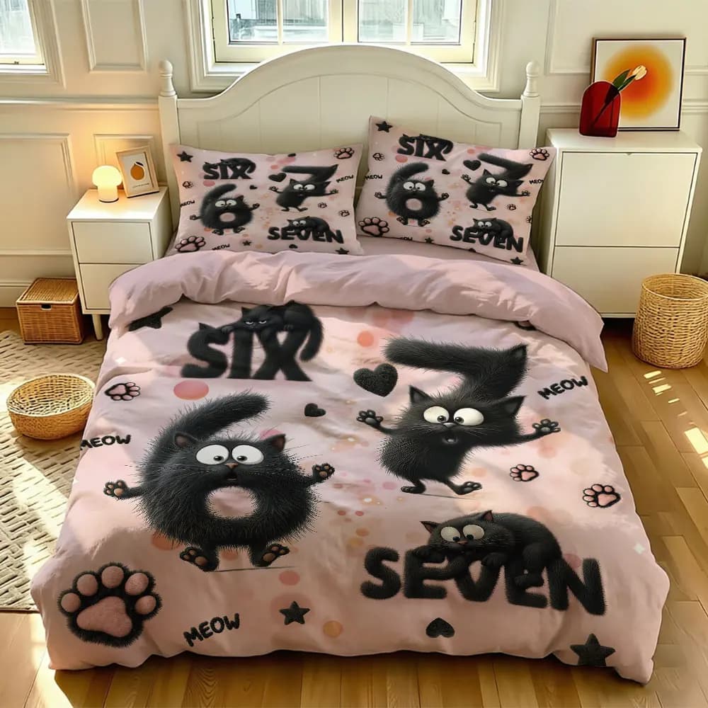3PCS Duvet Cover Set SIX SEVEN 67 Black Cat Cartoon Print Bedding Set Kids Boys Girls Soft Microfiber Quilt Cover Pillowcases