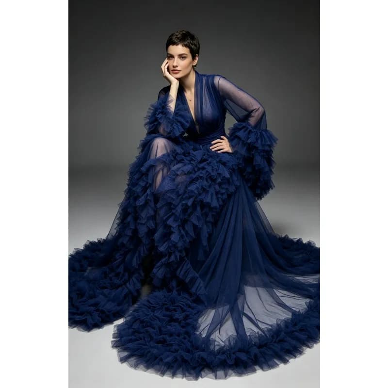Layered Ruffle Tulle Long Robe, Deep V Fluffy Cuff Floor Sweep Train Mesh Cover Up, Sheer Gown for Maternity Bridal Photoshoot