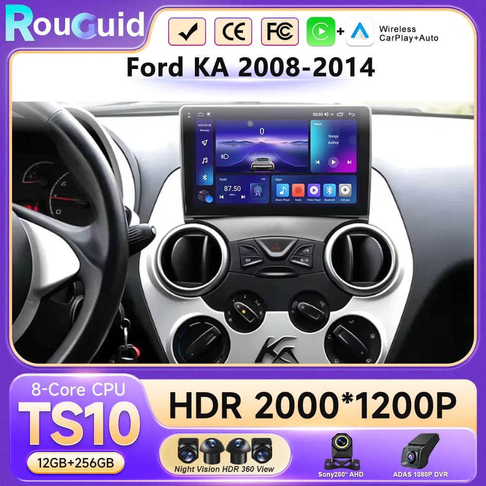 Lettore multimediale Android 16 Wireless Carplay da 9 pollici per Ford KA 2008-2014, schermo QLED touch per auto, radio stereo BT senza 2Din.