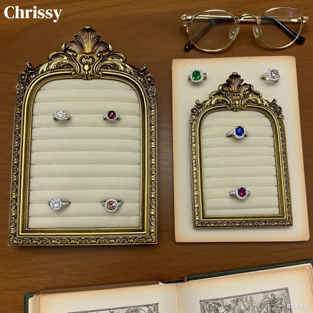 Antique Velvet Jewelry Display Frame - Plush Padded Ring & Earring Holder, Vintage Photo Style Organizer Tray for Boutique Stora