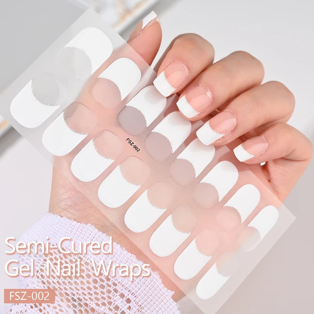 Adesivi per strisce per unghie in gel semicurato 16 punte/foglio Bianco francese Copertura completa Involucri per unghie in gel Ciabatte per adesivi per smalto UV Premere sulle unghie