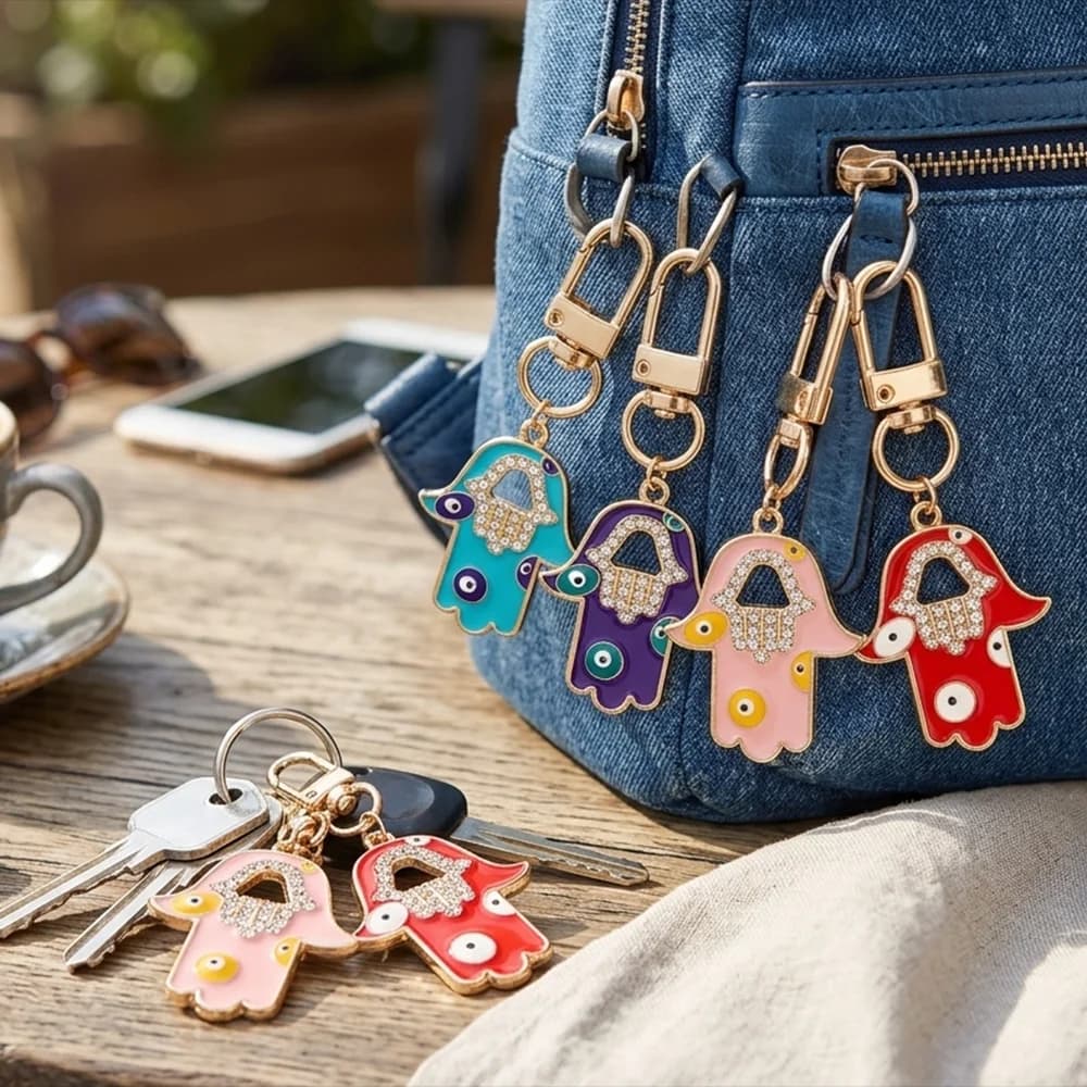 Peixin 2 Pezzi Portachiavi di Lusso Stile Etnico con Amuleto Portafortuna Occhio Blu e Mano di Fatima Hasma, Ciondoli per Borsa e Chiavi da Donna