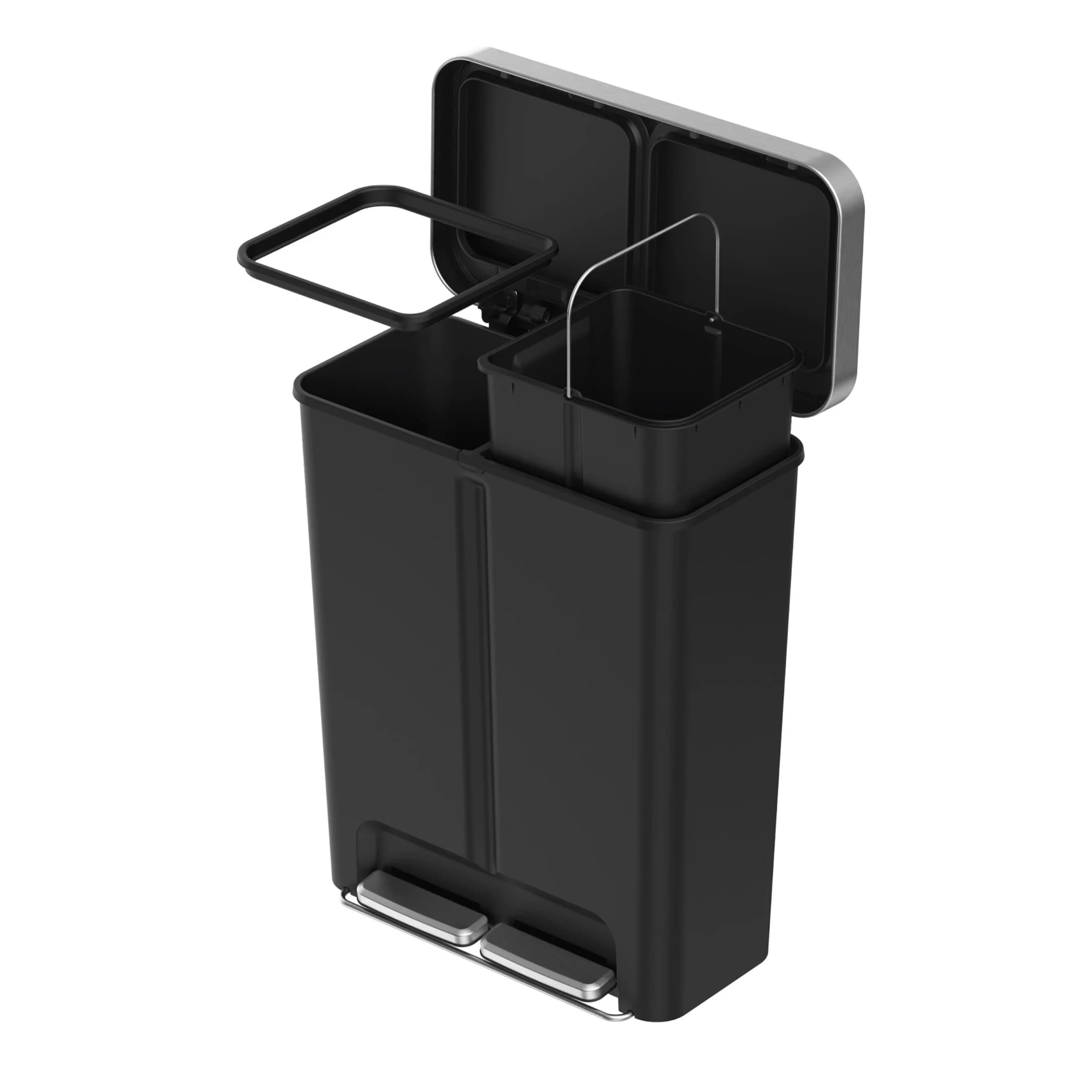 Kitchen Recycle Trash Can 16 Gallon Dual Compartment Step Bin Plastic Black