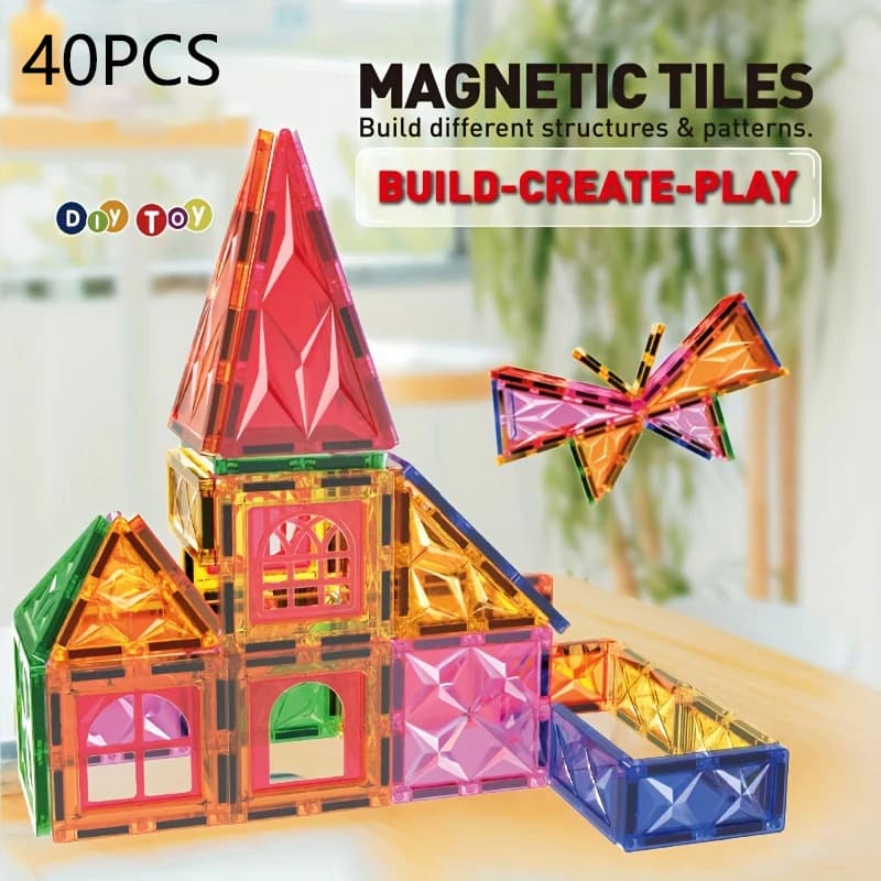Set di 40 Grandi Blocchi Magnetici da Costruzione, Giocattoli Educativi STEM per Bambini e Bambine, Piastrelle 3D Creative, Regalo per Designer
