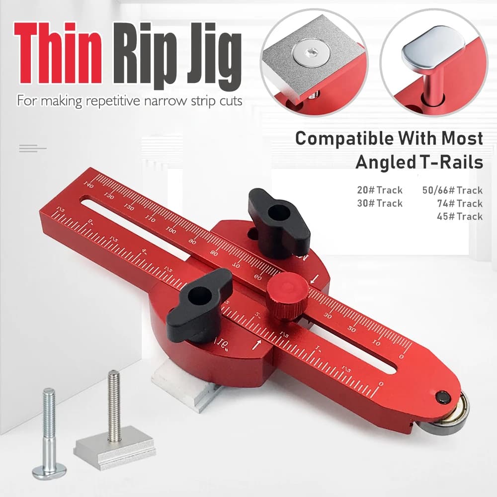 Optional table saw guide with extended thin scraping to repeat narrow striped cuts Works with table saw Table ribbon for router