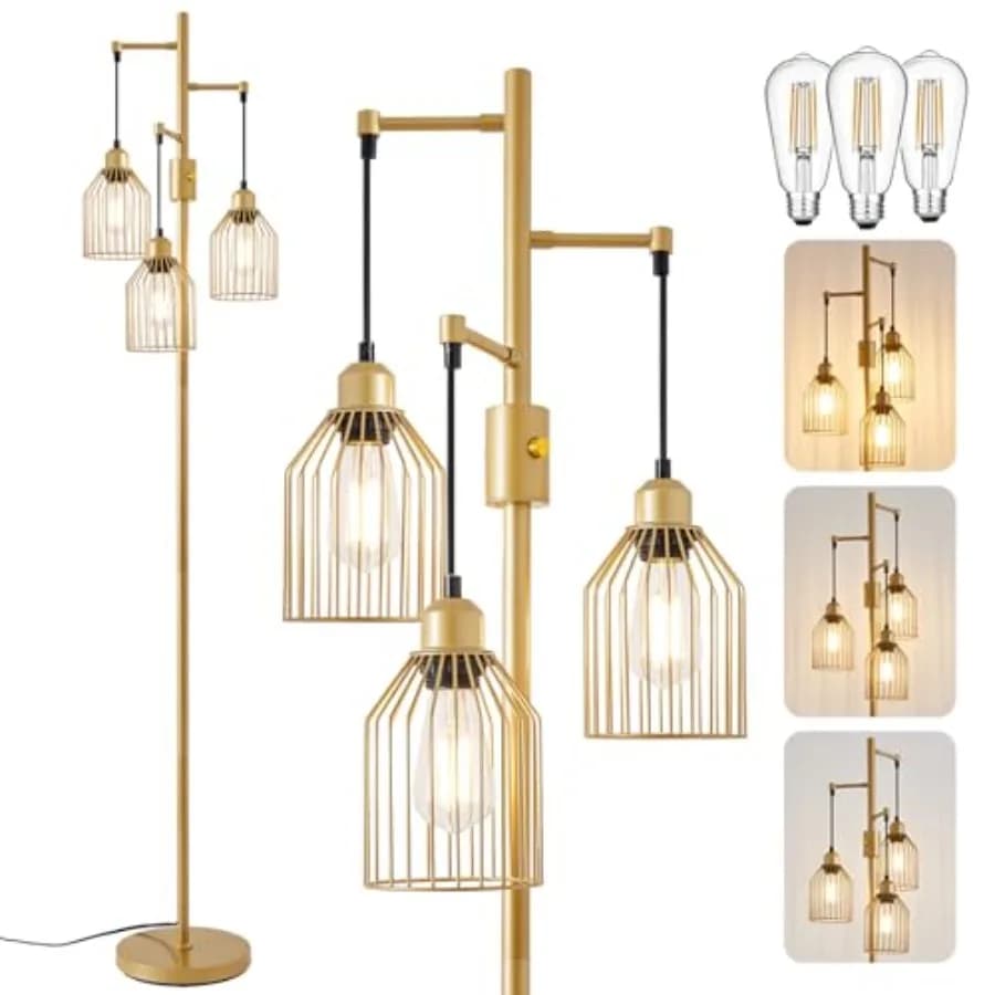 Lampada da Terra Industriale Dimmerabile con 3 Teste a Gabbia, Lampada a Palo Alto da 68,5 Pollici con Dimmerazione Continua, Stile Moderno Rustico