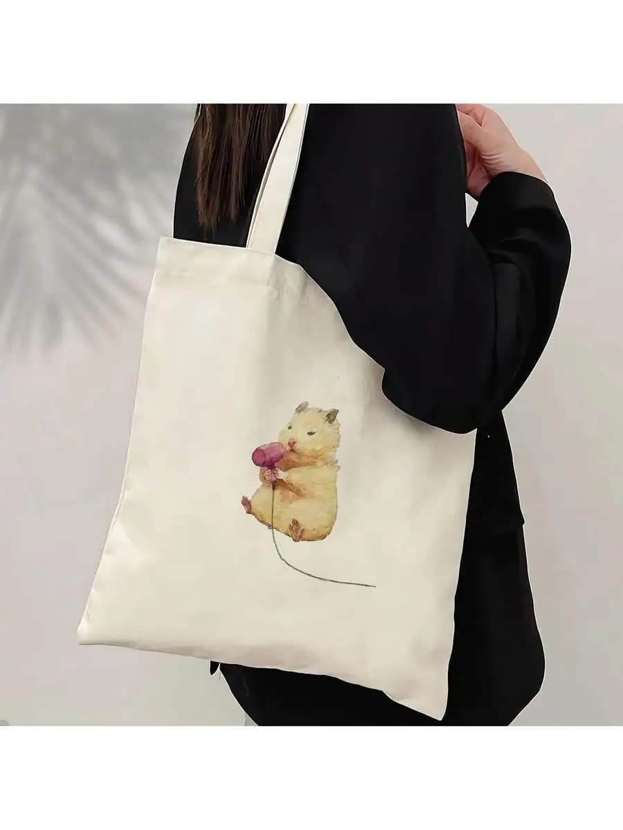 Cute Hamster With Hair Dryer Print Canvas Tote Bag Large Durable Shoulder Bag For Shopping Travel