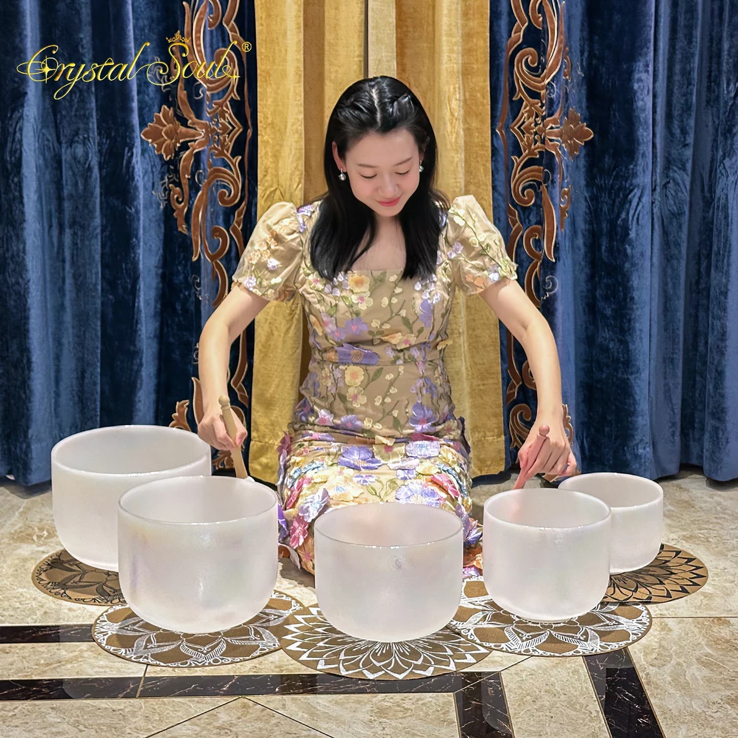 Crystal Soul Exclusive Design Harmony Moonstone Alchemy Frosted Crystal Singing Bowl Set 5-piece set