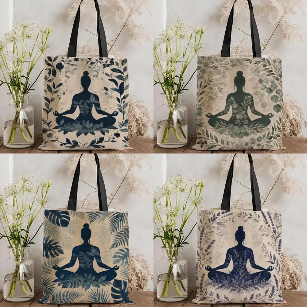 Yoga Character Storage Bags Double-Sided Printed Canvas Tote Bag Eco-Friendly Reusable Large Capacity Handbag