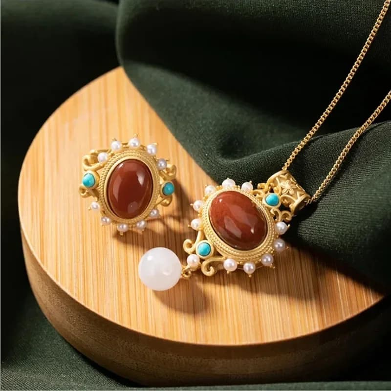 South Natural Red Agate Inlaid Pearl Turquoise Pendant Necklace, Women's Brand Jewelry Set with Light Luxury niche Charm