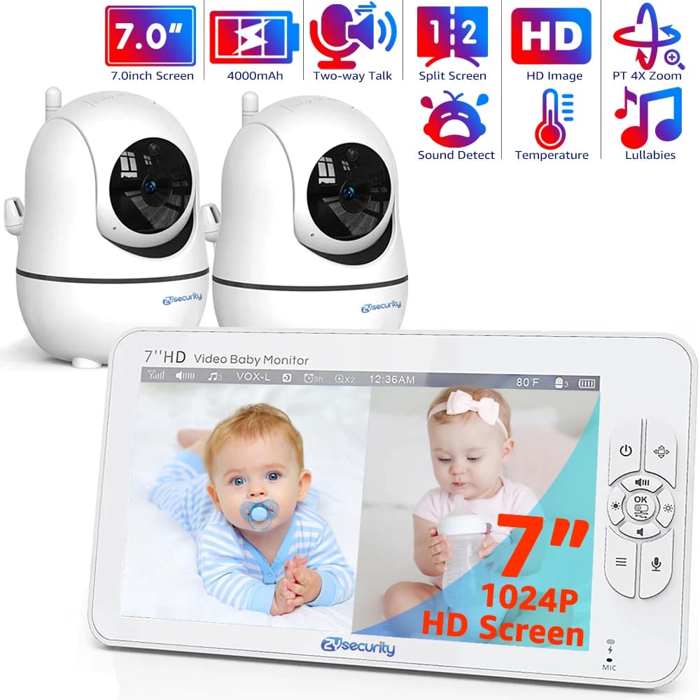 Baby monitor video da 7,0 pollici Schermo diviso HD con 2 telecamere Pan Tilt Zoom 4X Audio bidirezionale Visione notturna senza WiFi Batteria da 4000 mAh