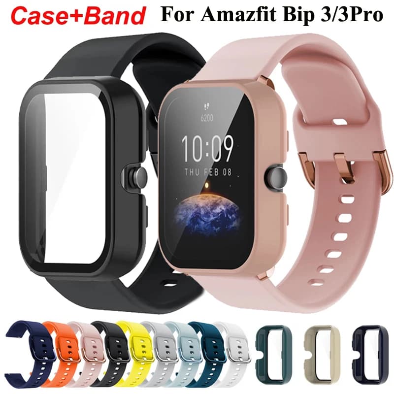Sports Strap+Glass Case For Amazfit Bip 3/3 Pro Smart Watch Silicone Bracelet Correa For Amazfit Bip 3Pro Screen Protector Case