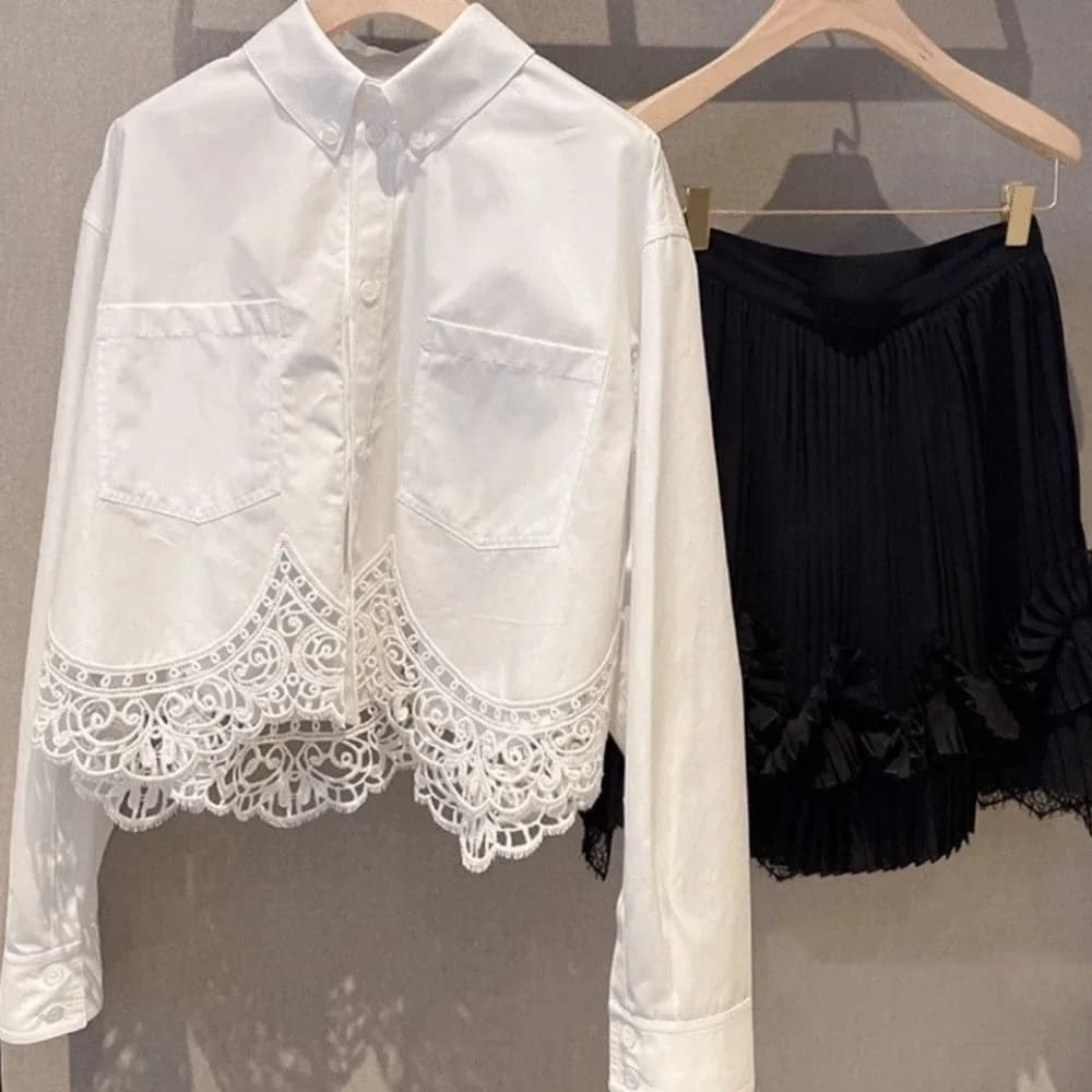 Camicia in Pizzo Irregolare da Donna, Stile Casual con Colletto, Streetwear in Stile Coreano, Blusa a Maniche Lunghe Semplice