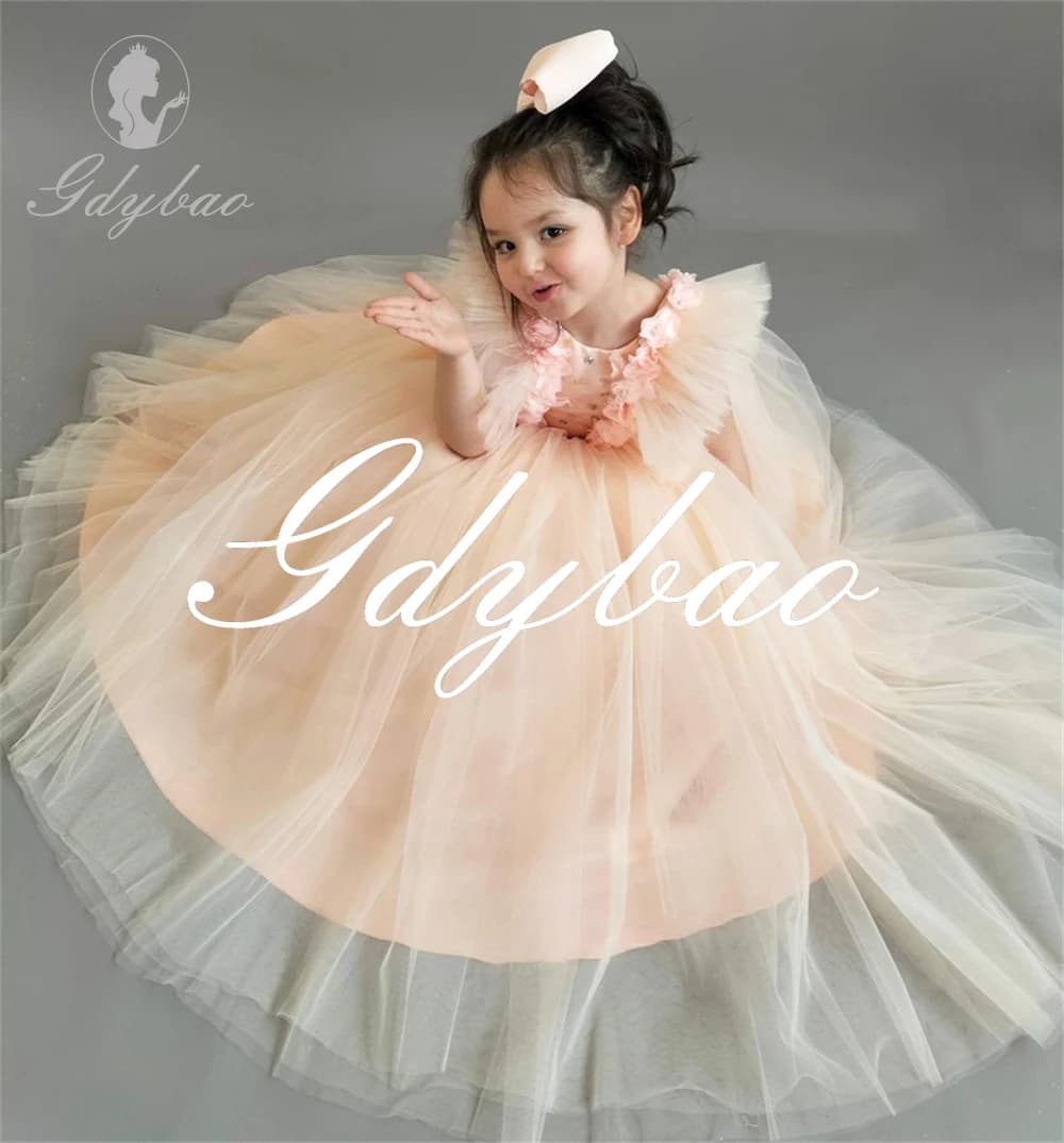 Abito da principessa con fiori applicati in tulle plissettato Una linea elegante abito formale lungo da prima comunione classico Nuovo 2025 personalizzato