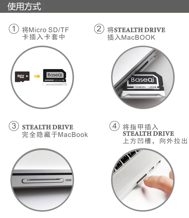 Per BaseQi Apple MacBook Air Porta carte SD con espansione di memoria per lettore di schede nascosto in lega di alluminio da 13 pollici