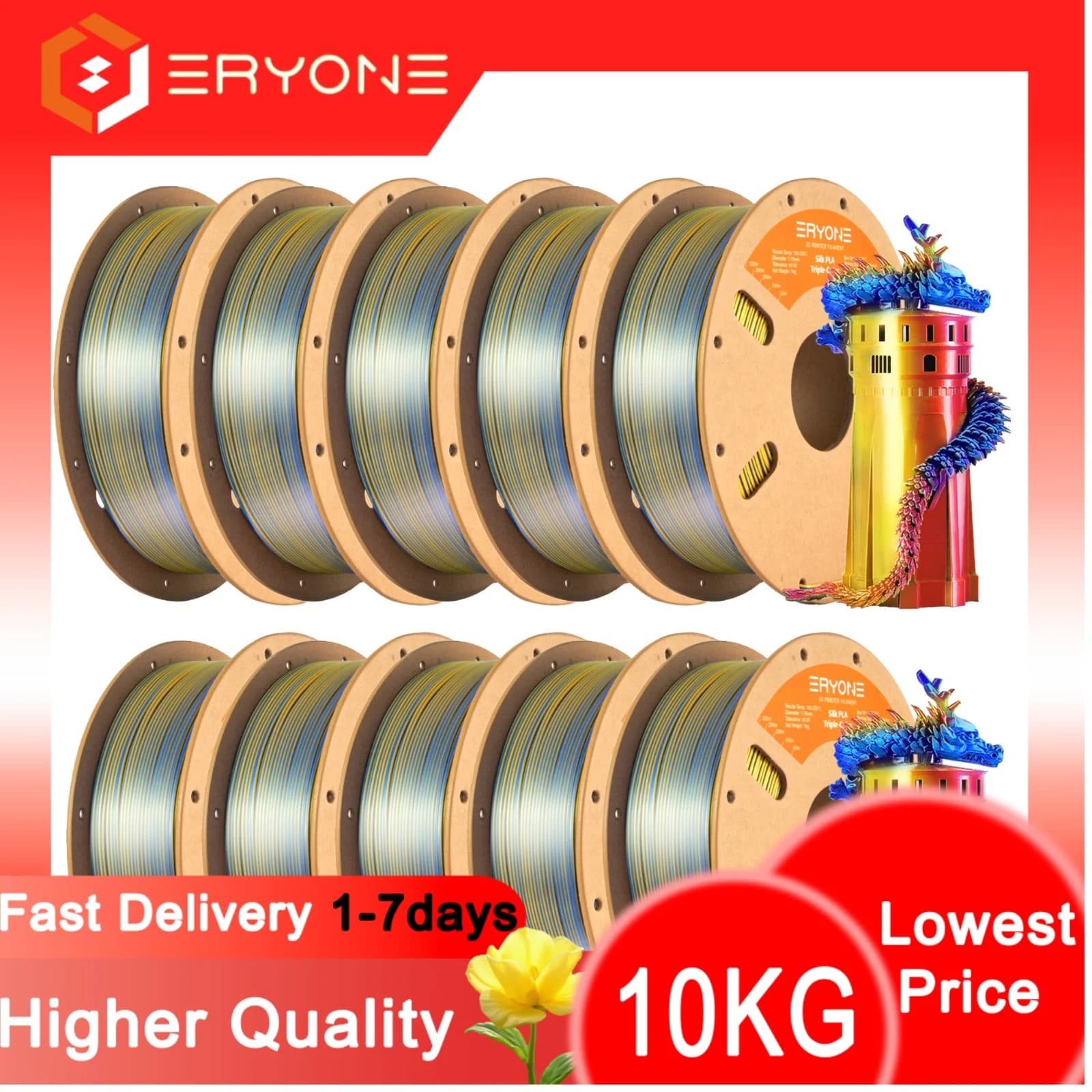 NEW ERYONE 1KG/3KG/10KG Promotion Filament PLA Tricolor Silk for 3D Printing 1.75mm High Quality Fast Shipping Free