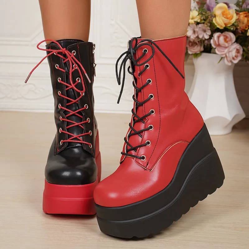 New 11CM Design Women Punk Gothic Motorcycle Boots Platform Chunky High Heel Ankle Boot Ladies Cool Wedge Black Red Female Shoes