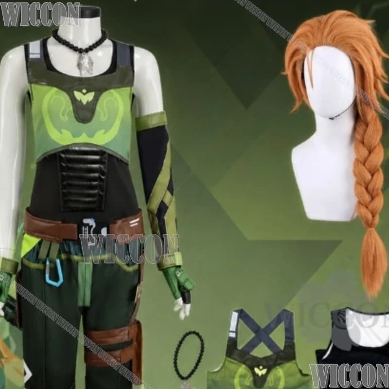 Cosplay Anime Game VALORANT Skye: Gilet Sportivo Verde Punk Senza Maniche, Pantaloni, Cintura, Guanti, Collana, Parrucche - Halloween, Comic Con, Festival