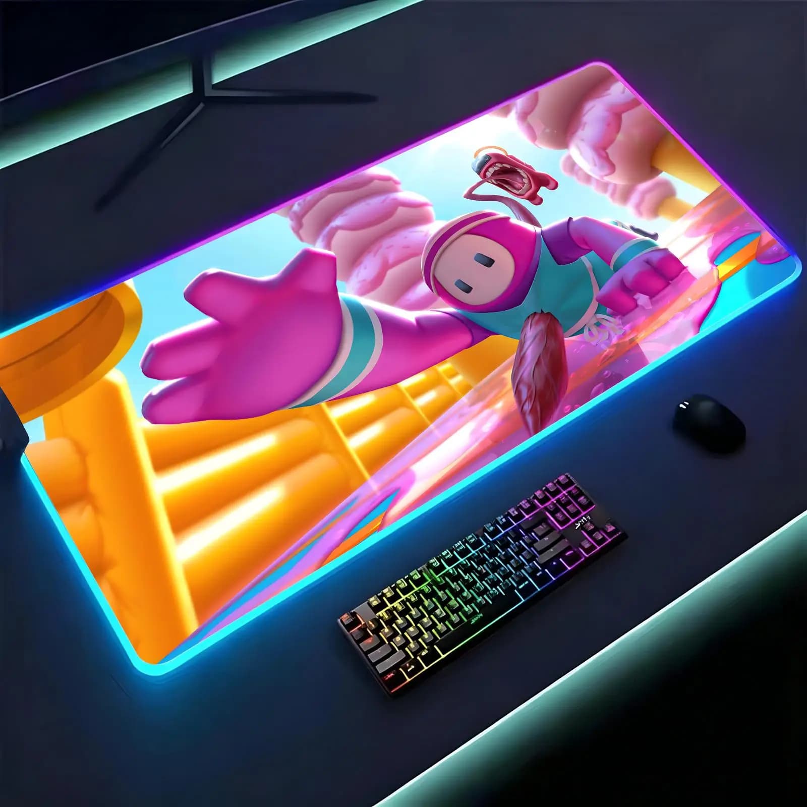 Large RGB backlit esports gaming mouse pad, smooth soft cloth surface, LED luminous extended desk mat Fall Guys