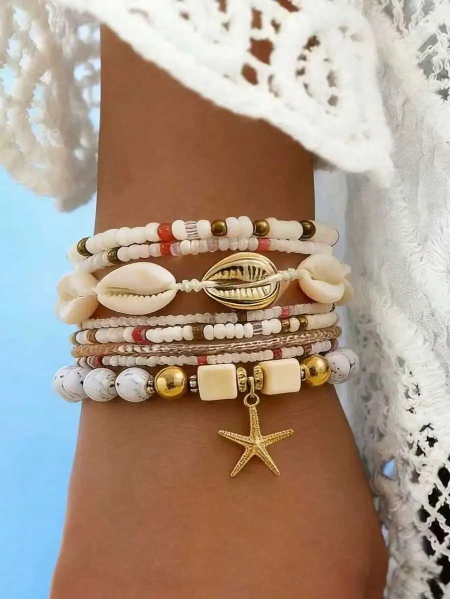 4pcs/Set Bohemian Style Starfish Pendant Beaded Crystal Bracelet Set, Fashion Stackable Jewelry For Women, Suitable For Beach Va