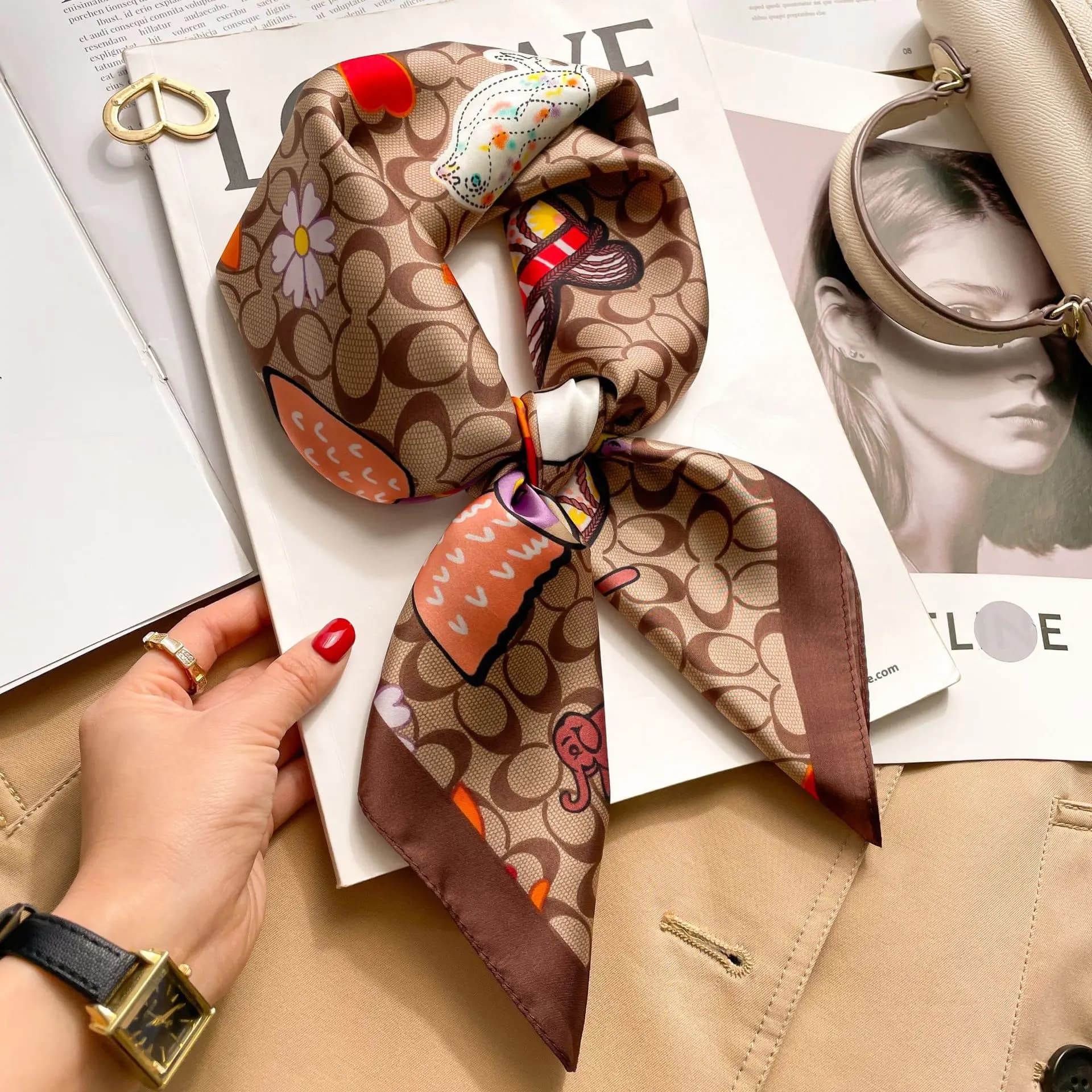 Sciarpa quadrata in seta Donna Lusso Stampa floreale Fazzoletto Morbido raso Fascia per capelli Borsa per le mani Nastro Foulard Hijab Fazzoletto da collo Fascia