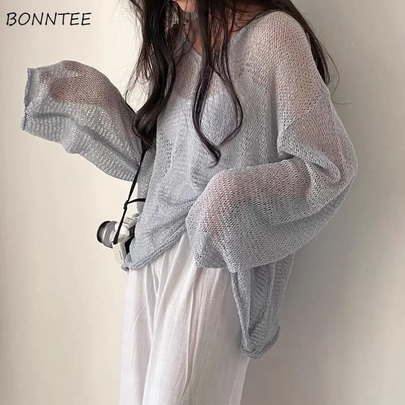 Pullover slim woman knit digs out sunscreen summer design cozy fashion European Streetwear or-neck Y2k wide clothes muslimah