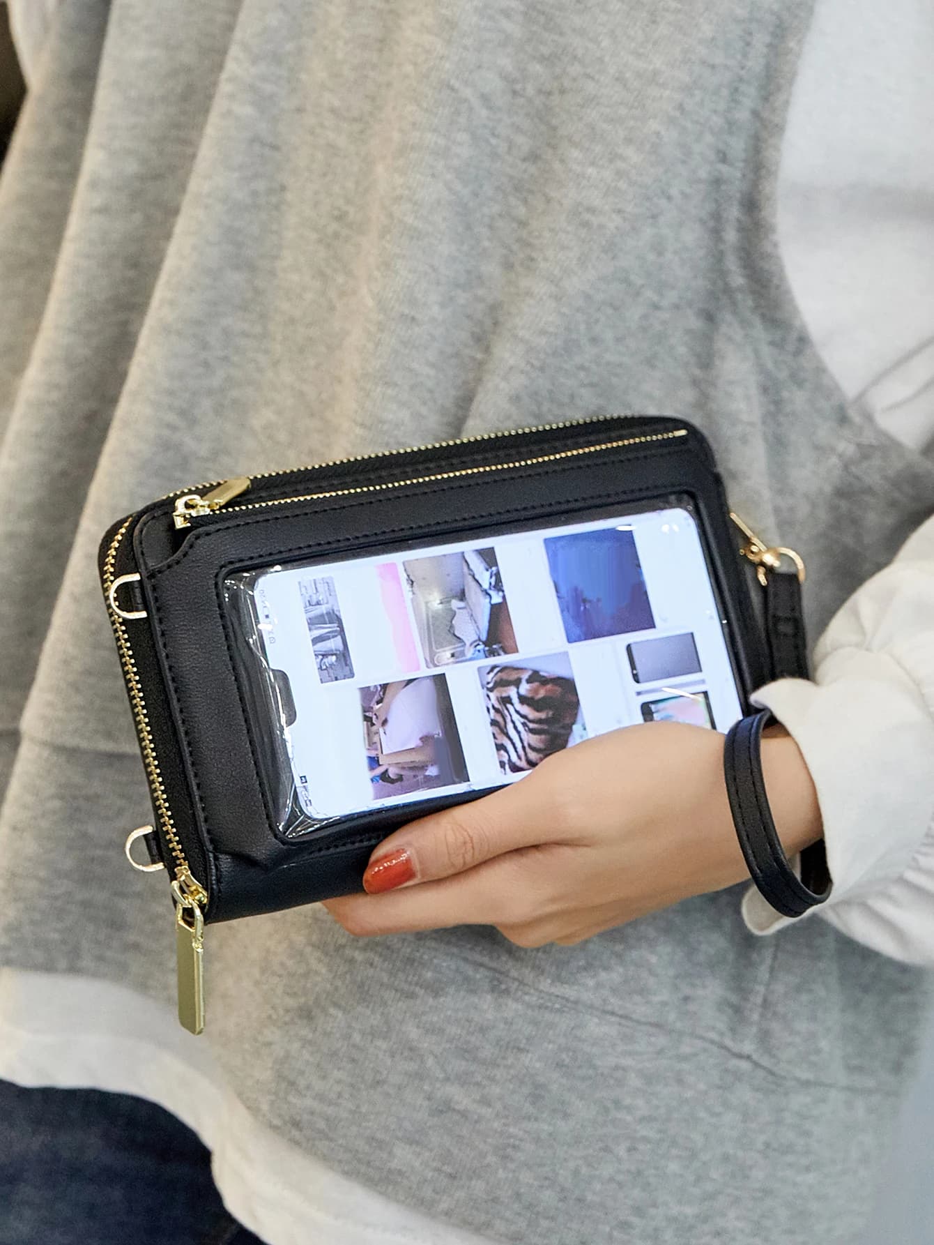 Mobile phone bag with touch screen with RFID lock, long functional shoulder pocket, mini coin holder for women