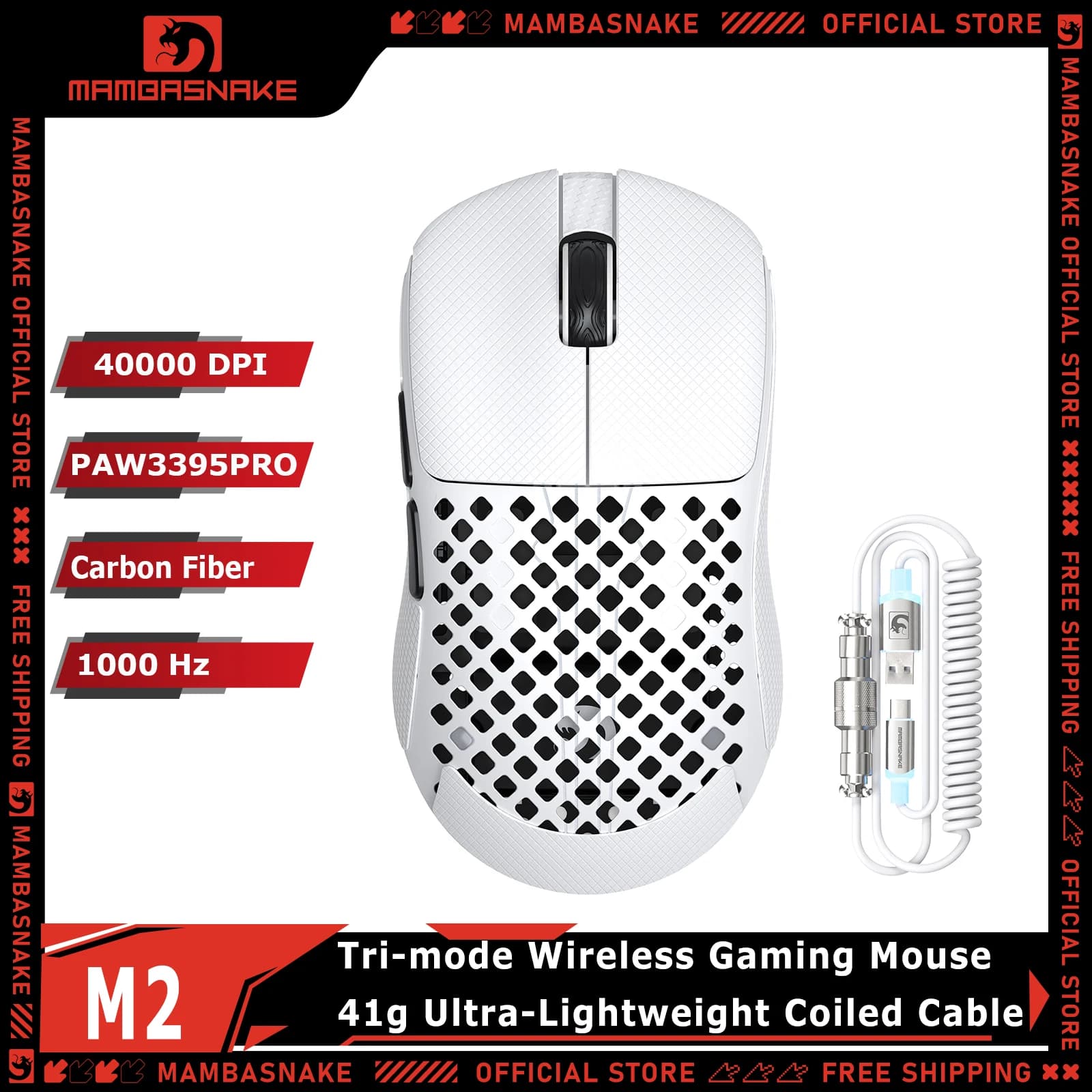 Mouse da Gaming Wireless MAMBASNAKE M2 Tri-Mode con Cavo a Spirale 8KHz, Ultra-Leggero 41g in Fibra di Carbonio, PAW3395PRO 40000 DPI