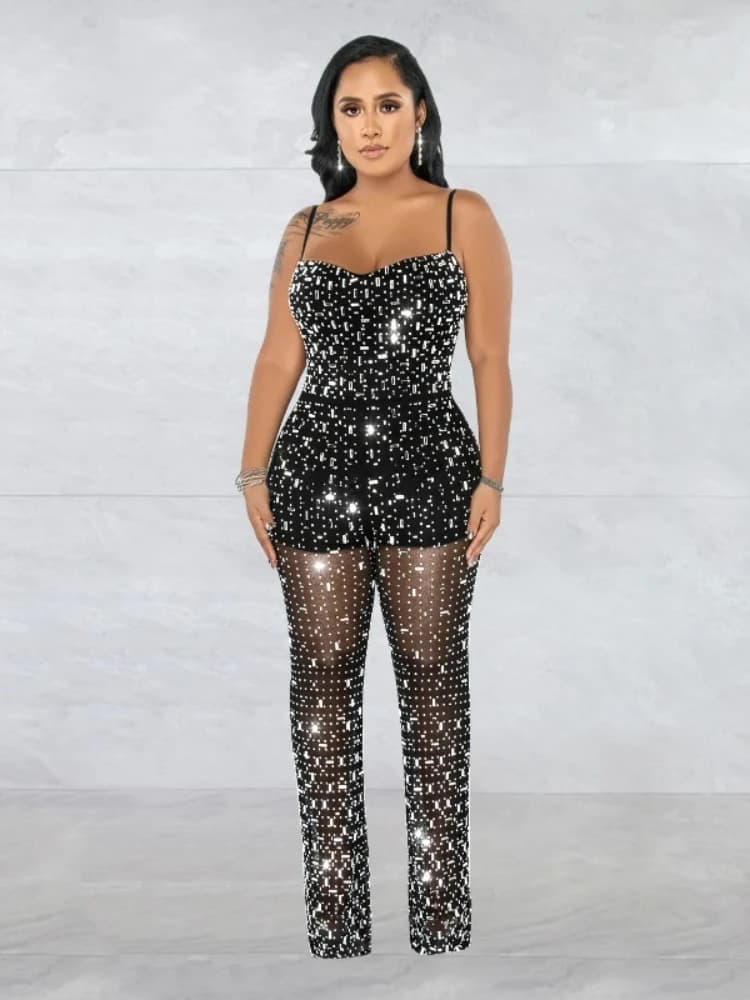 Fashion Women Diamonds Crystal Hot Drill Sleeveless Wide Leg Jumpsuit 2025 Chic Sexy Party Romper One Piece Set Playsuit