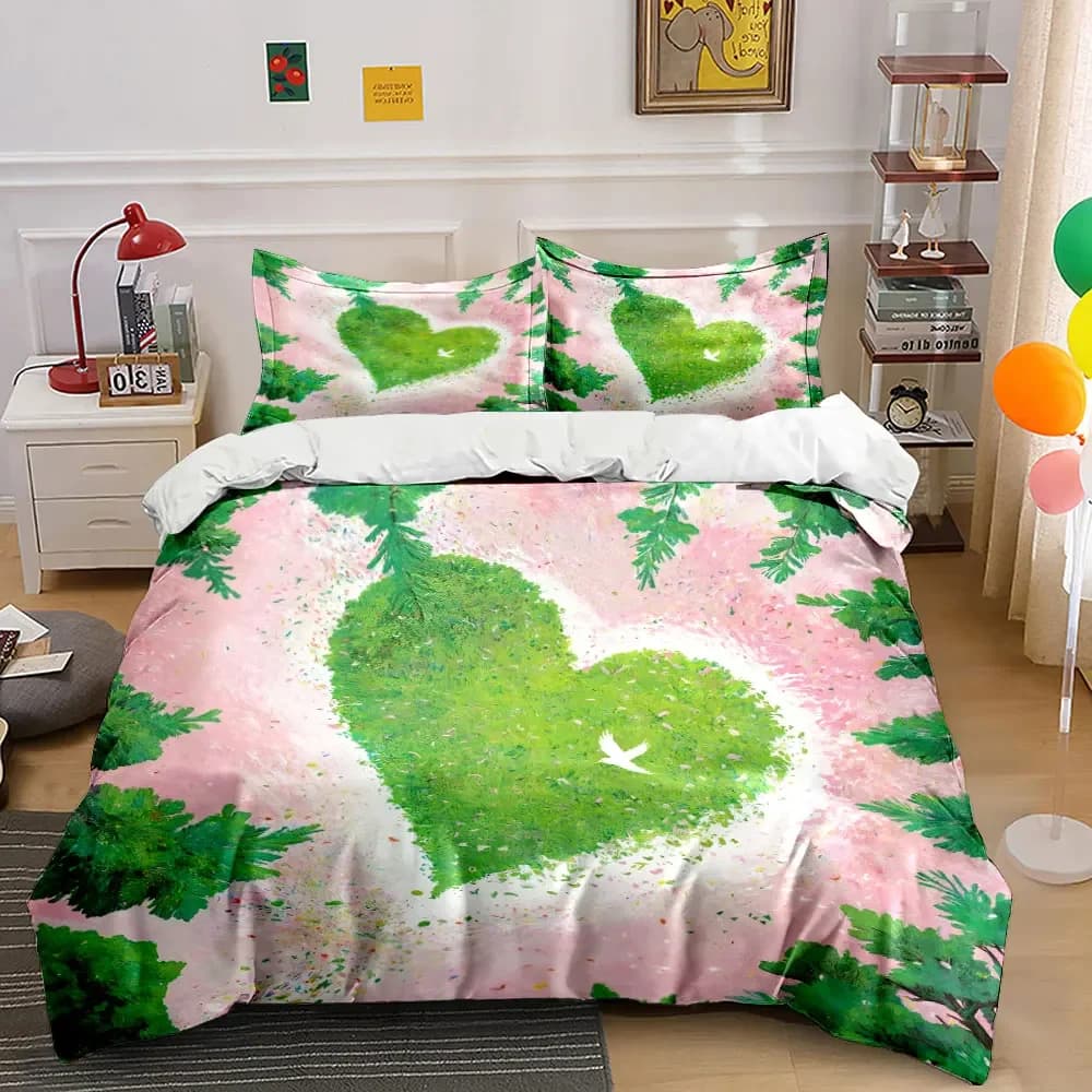 "Decorazione artistica a forma di cuore con motivi naturali" Set di biancheria da letto con copripiumino morbido e confortevole, include 1 copripiumino e 2 federe, regalo