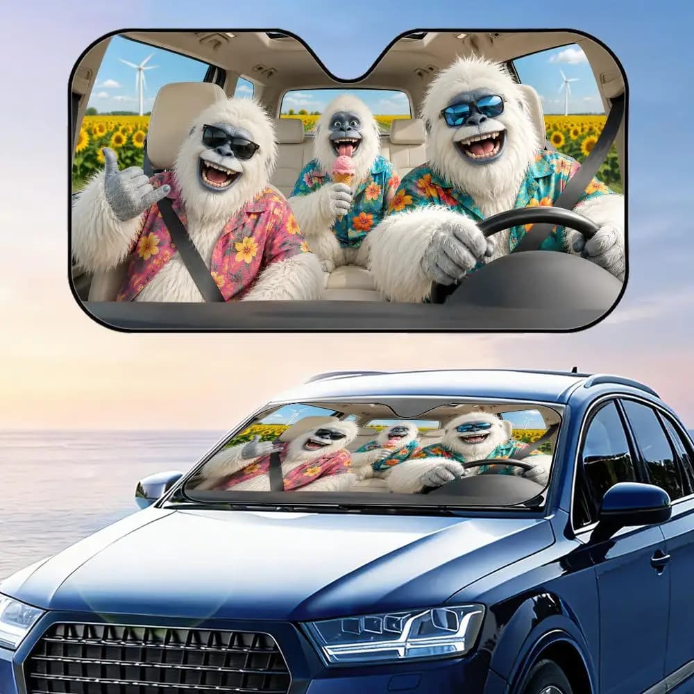 Divertente Yeti con camicia hawaiana, visiera parasole per parabrezza dell'auto, protezione UV, copertura riflettente pieghevole per isolamento termico