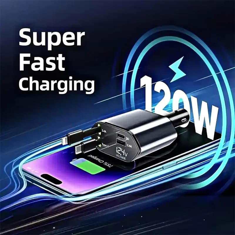 Adattatore per accendisigari per auto retrattile 4 in 1 da 120 W Cavo di ricarica rapido USB tipo C per iPhone Xiaomi POCO Samsung